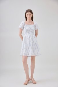 Renata Embroidery Smocked Floral Dress In Blue