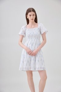Renata Embroidery Smocked Floral Dress In Blue