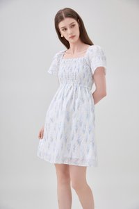 Renata Embroidery Smocked Floral Dress In Blue