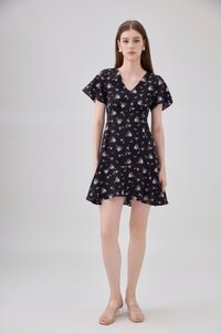 Aubrey Floral Ruffle Hem Dress In Black