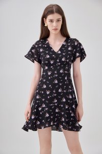 Aubrey Floral Ruffle Hem Dress In Black