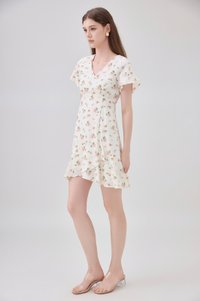 Aubrey Floral Ruffle Hem Dress In Cream