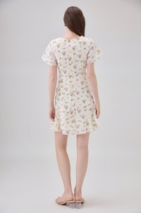 Aubrey Floral Ruffle Hem Dress In Cream