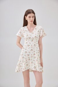 Aubrey Floral Ruffle Hem Dress In Cream