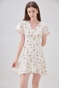 Aubrey Floral Ruffle Hem Dress In Cream