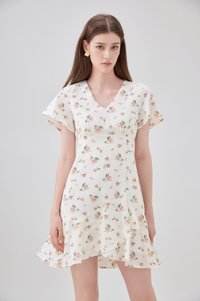 Aubrey Floral Ruffle Hem Dress In Cream