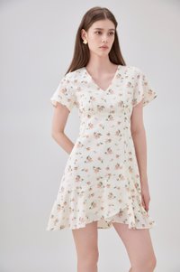 Aubrey Floral Ruffle Hem Dress In Cream