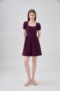 Noa Button Cotton Dress In Deep Plum