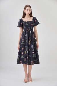 Chaya Botanical Garden Smocked Midi Dress In Black