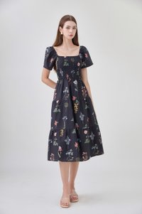 Chaya Botanical Garden Smocked Midi Dress In Black