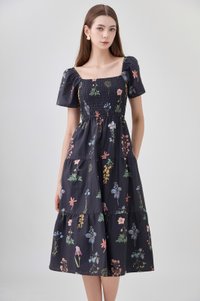 Chaya Botanical Garden Smocked Midi Dress In Black