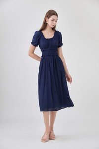 Gabriella Smocked Midi Dress In Navy
