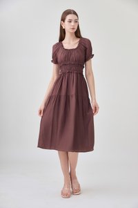 Gabriella Smocked Midi Dress In Chocolate Brown