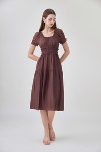 Gabriella Smocked Midi Dress In Chocolate Brown