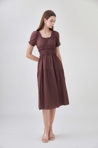 Gabriella Smocked Midi Dress In Chocolate Brown