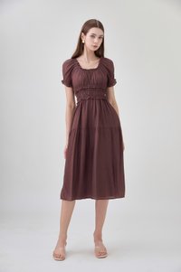 Gabriella Smocked Midi Dress In Chocolate Brown