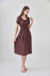 Gabriella Smocked Midi Dress In Chocolate Brown