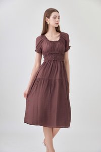 Gabriella Smocked Midi Dress In Chocolate Brown