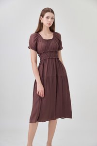 Gabriella Smocked Midi Dress In Chocolate Brown