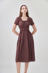 Gabriella Smocked Midi Dress In Chocolate Brown