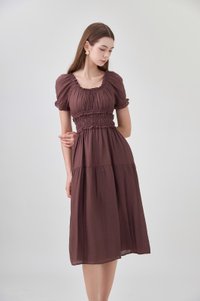 Gabriella Smocked Midi Dress In Chocolate Brown