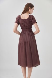Gabriella Smocked Midi Dress In Chocolate Brown