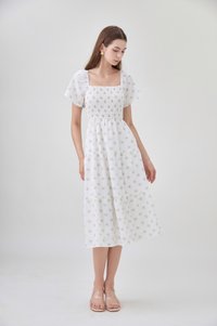 Margot Smocked Printed Midi Dress In White