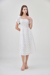 Margot Smocked Printed Midi Dress In White