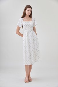Margot Smocked Printed Midi Dress In White