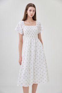 Margot Smocked Printed Midi Dress In White