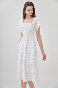 Margot Smocked Printed Midi Dress In White