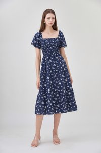 Margot Smocked Printed Midi Dress In Navy