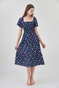 Margot Smocked Printed Midi Dress In Navy