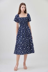 Margot Smocked Printed Midi Dress In Navy