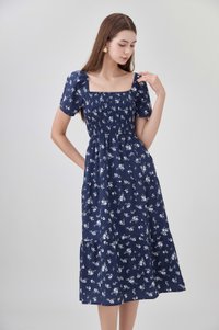 Margot Smocked Printed Midi Dress In Navy