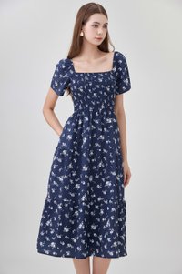Margot Smocked Printed Midi Dress In Navy