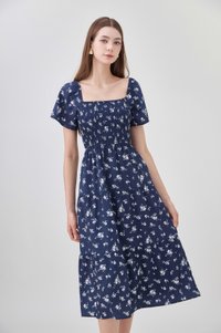 Margot Smocked Printed Midi Dress In Navy