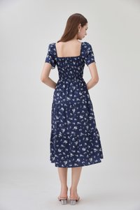 Margot Smocked Printed Midi Dress In Navy