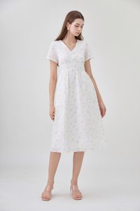 Elodie Floral Empire Waist Midi Dress In Ribbon Posy Print