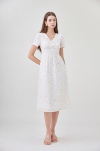 Elodie Floral Empire Waist Midi Dress In Ribbon Posy Print