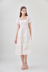 Alexandria Embroidered Tiered Midi Dress In Pink Bloom