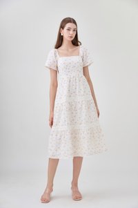 Alexandria Embroidered Tiered Midi Dress In Pink Bloom