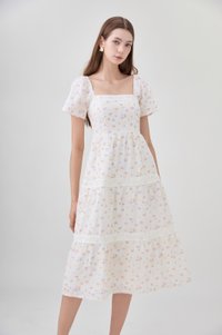 Alexandria Embroidered Tiered Midi Dress In Pink Bloom