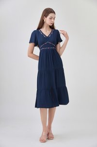 Alma Embroidered Tiered Midi Dress In Navy