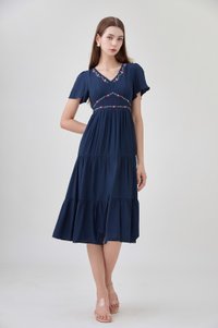 Alma Embroidered Tiered Midi Dress In Navy