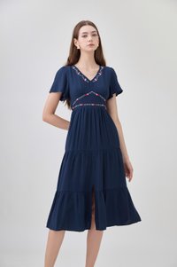 Alma Embroidered Tiered Midi Dress In Navy