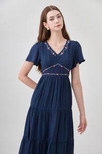 Alma Embroidered Tiered Midi Dress In Navy