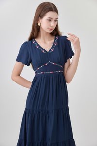Alma Embroidered Tiered Midi Dress In Navy