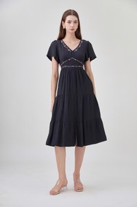 Alma Embroidered Tiered Midi Dress In Black