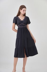 Alma Embroidered Tiered Midi Dress In Black